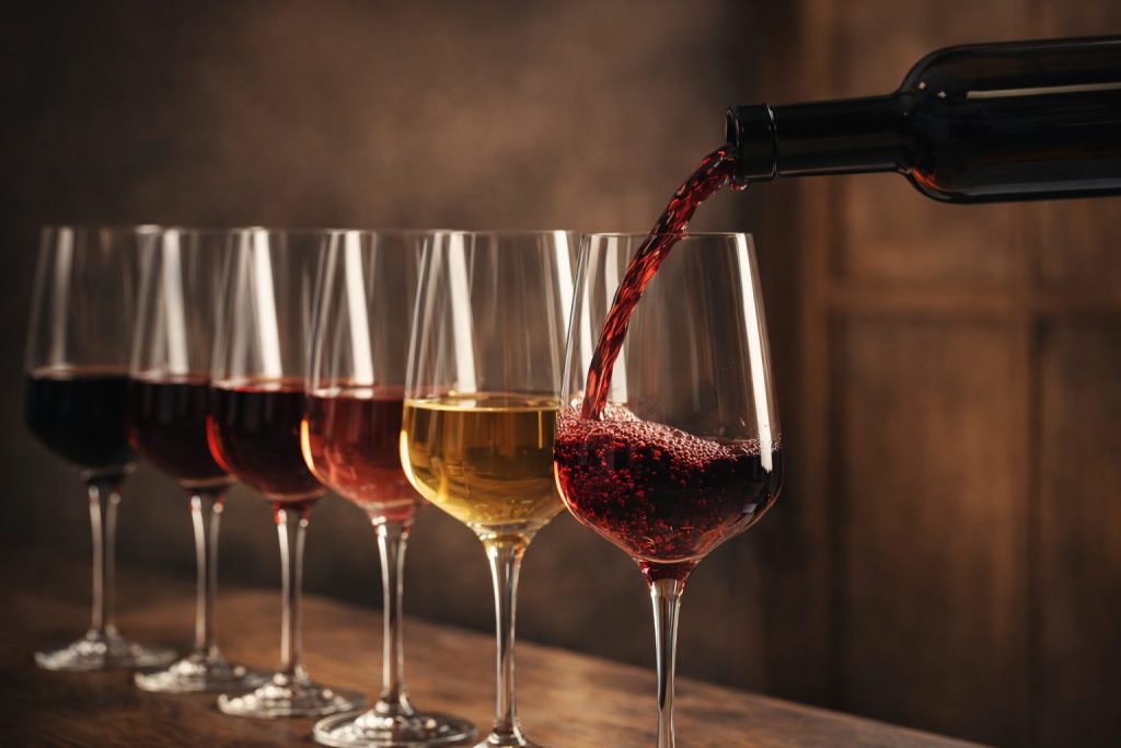 Row of fine wines and wine pour